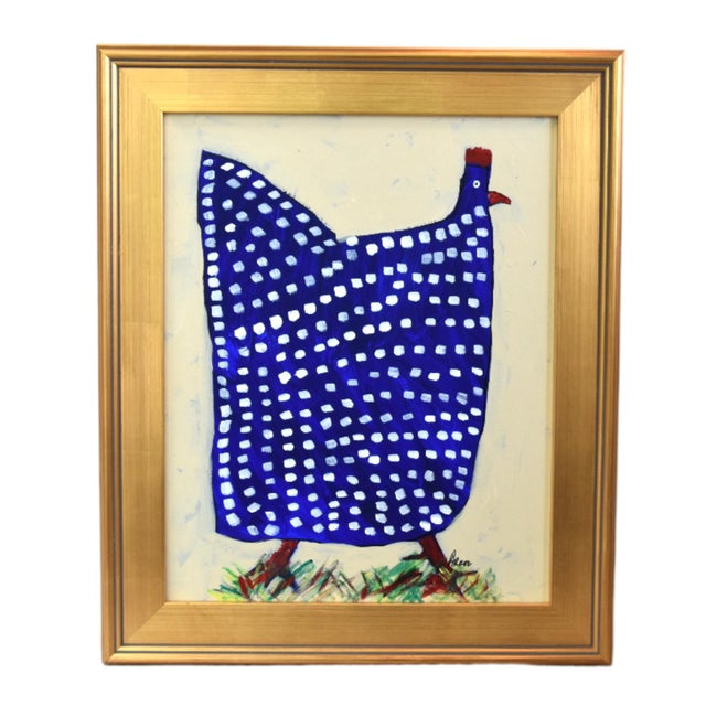 2020s Original Blue Folk Art Chicken Hen Painting by Ruth Arenz Including the Antiqued Gold Wood Fame For Sale - Image 5 of 5