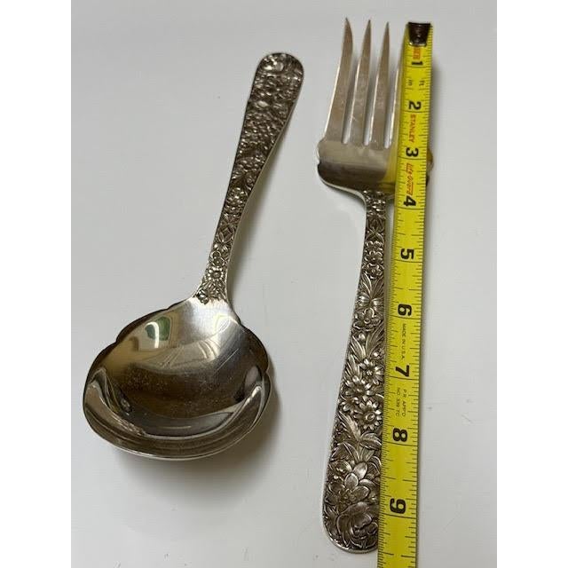1950s S. Kirk Repousse Pattern Sterling Silver Large Heavy Serving Spoon & Fork Utensil Set. No Monogram For Sale - Image 10 of 15