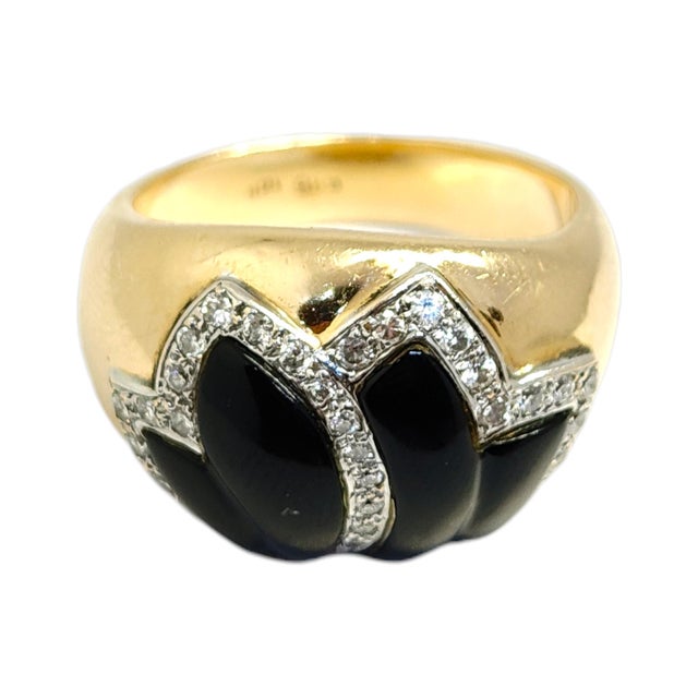 Vintage 14k Gold Onyx & Diamond Foliate Design Ring, Size 6.75 For Sale - Image 10 of 12
