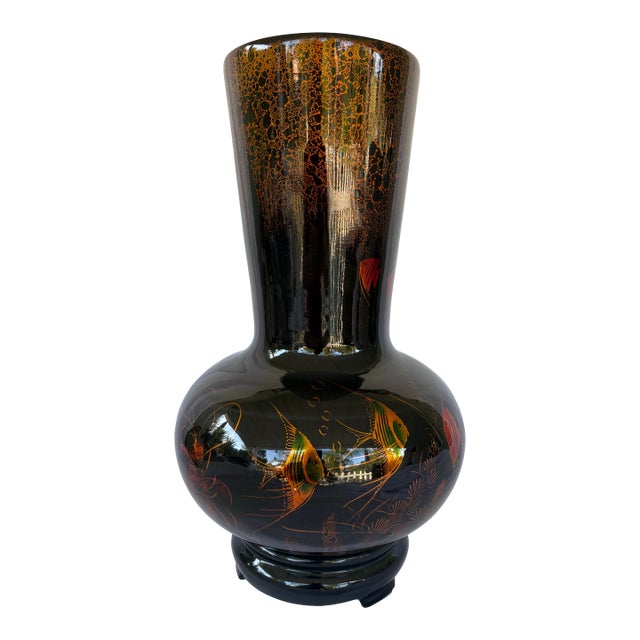Mid-Century Japanese Black Lacquered Wood Vase With Angelfish Maki-E Decoration 16.5” For Sale