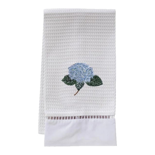 Hydrangea Too Light Blue Guest Towel, White Waffle Weave, Ladder Lace, Embroidered For Sale