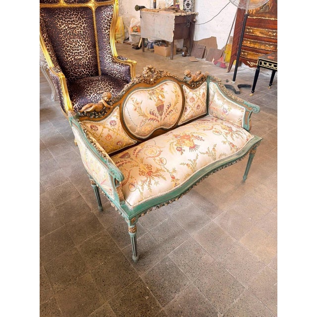 Vintage Louis XVI Cherub Sofa Biege & Sage Green For Sale - Image 4 of 7