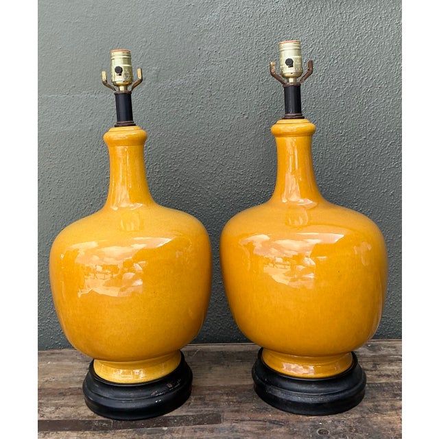Mustard Vintage Glazed Ceramic Lamps - A Pair For Sale - Image 8 of 12