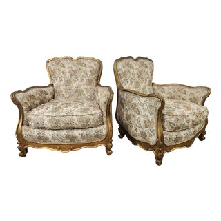 20th Century Italian Baroque Style Bergère Armchairs in Carved and Gilded Wood, Set of 2 For Sale