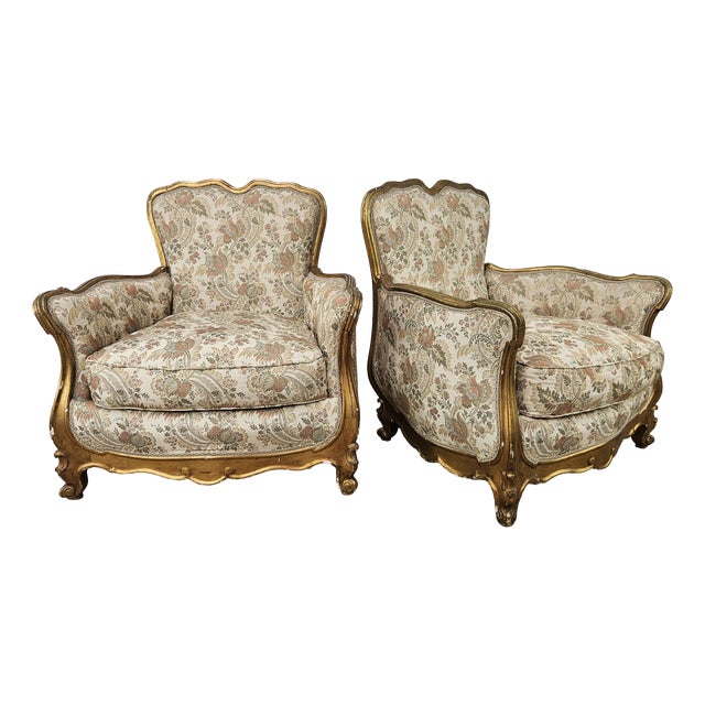 20th Century Italian Baroque Style Bergère Armchairs in Carved and Gilded Wood, Set of 2 For Sale