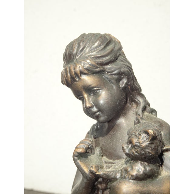 Vintage French Country Cast Bronze Figural Table Lamp W a Child and Kitten For Sale - Image 9 of 14