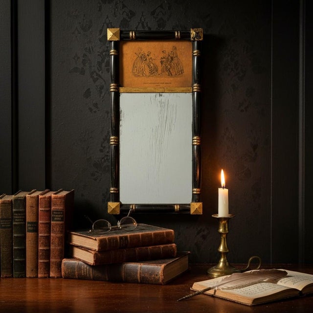 Victorian Antique Victorian Mirror Godey Fashion Print 1847-Black Gold Frame-Wall-Eastlake For Sale - Image 3 of 11