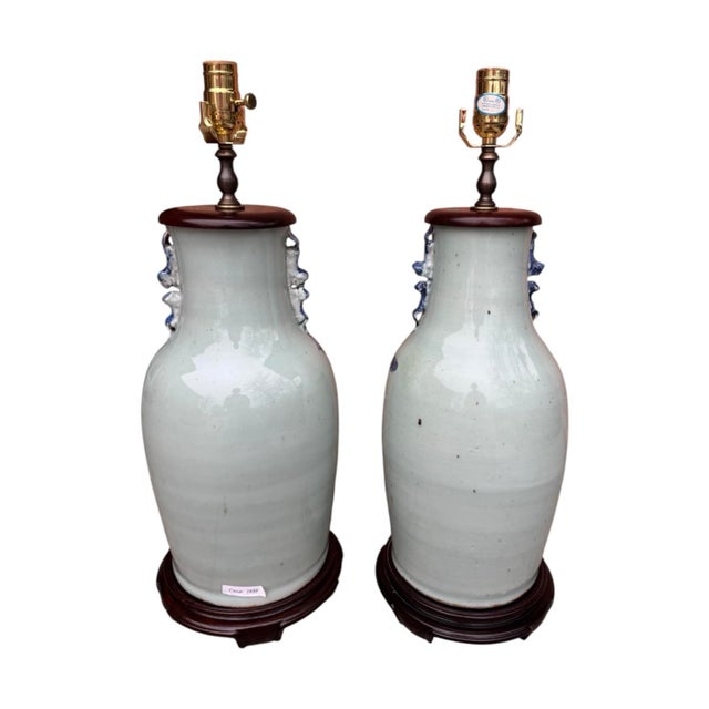 Celadon 19th Century Chinese Blue & White Celadon Glazed Pottery Vase Table Lamps - A Pair For Sale - Image 8 of 12
