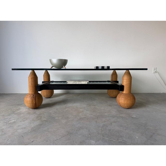 Mid-Century Modern 1980s Italian Postmodern Sculptural Turned Wood & Glass Two-Tier Rectangular Coffee Table For Sale - Image 3 of 17