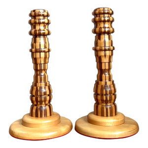 Vintage Inlaid Wood Candlesticks - A Pair