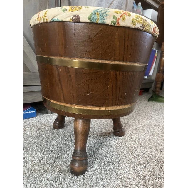 Wood Vintage 3 Legged Banded Mini Half Barrel Keg Style Sewing Stool With Storage For Sale - Image 7 of 7