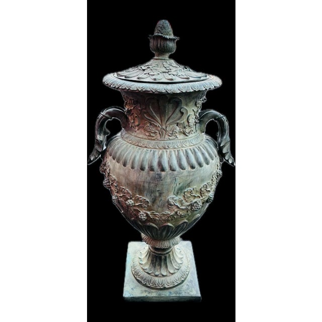 Verdigris 51”h Spectacular Miami Beach Vintage Urn With Lid Classic Cast Bronze Verdigris Patinated - A Pair For Sale - Image 8 of 12