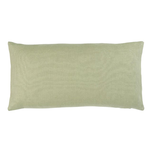 Schumacher Jumi Stonewashed Linen 24" Lumbar Pillow In Sage For Sale