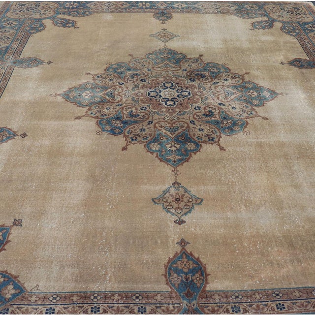 Measures: 12' x 15'. Large Antique Amritsar Rug in Taupe, Brown and Blue Antique Hand Knotted Amritsar Carpet in Taupe,...