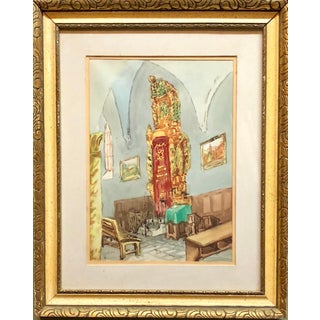 Zvi Ehrman, Israeli Modernist Safed Synagogue Interior Folk Art Watercolor Painting For Sale