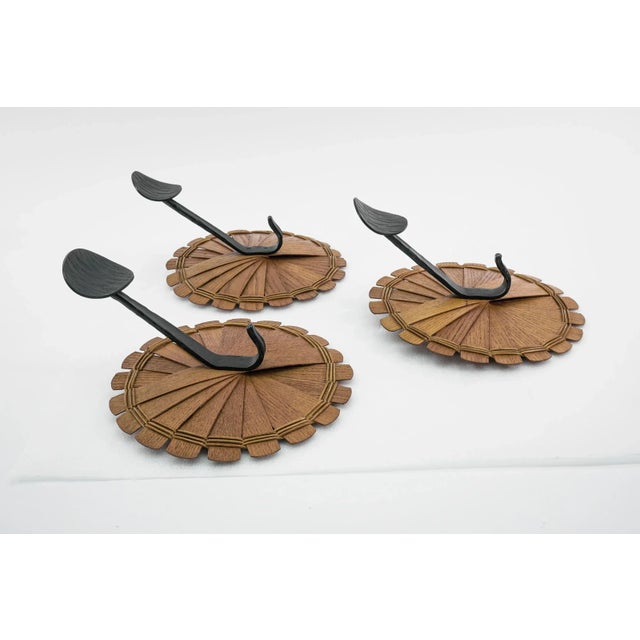 Scandinavian Coat Hooks in Wood, Wicker & Iron, 1960s, Set of 3 For Sale - Image 4 of 7