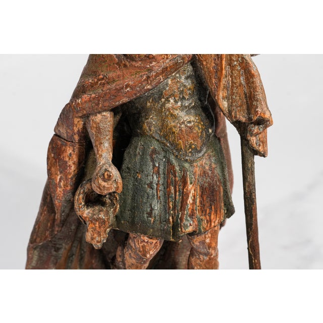 Wonderful Continental Polychrome Antique 18th Century Carved Wood Statue Sculpture Warrior Man Old World European Decor For Sale - Image 9 of 16