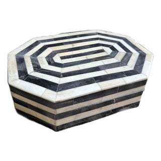 Vintage Black & White Bone Inlay Box Octagonal Geometric Trinket Box For Sale