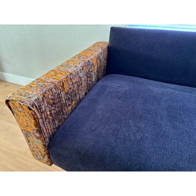 Burnt Orange 1960's MCM Sofa - Reupholstered in a Luxuriously Soft Black Chenille and a Burnt Orange/Tan/Brown Paisley Cotton Fabric For Sale - Image 8 of 11