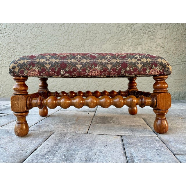 Antique 19th Century Bobbin Leg Upholstered Wood Footstool For Sale - Image 4 of 12