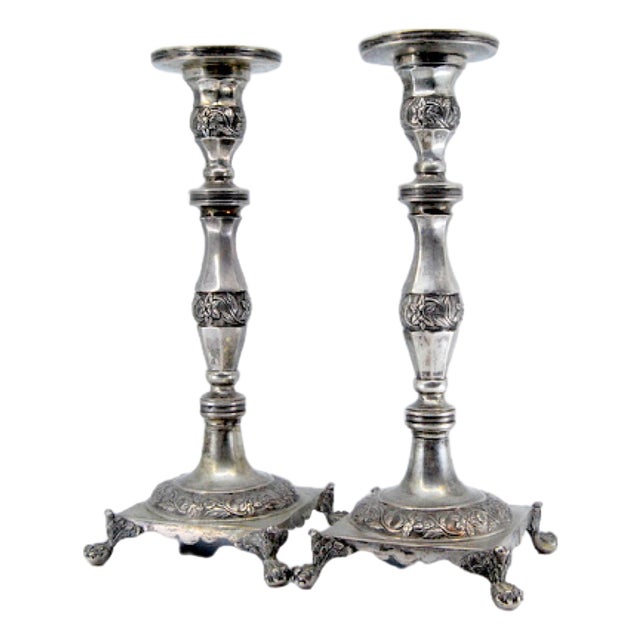 Silver Candlesticks with Turned and Engraved Shafts, Set of 2 For Sale