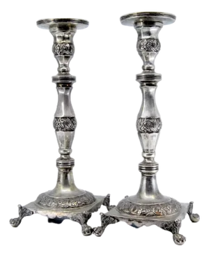 Silver Candlesticks with Turned and Engraved Shafts, Set of 2