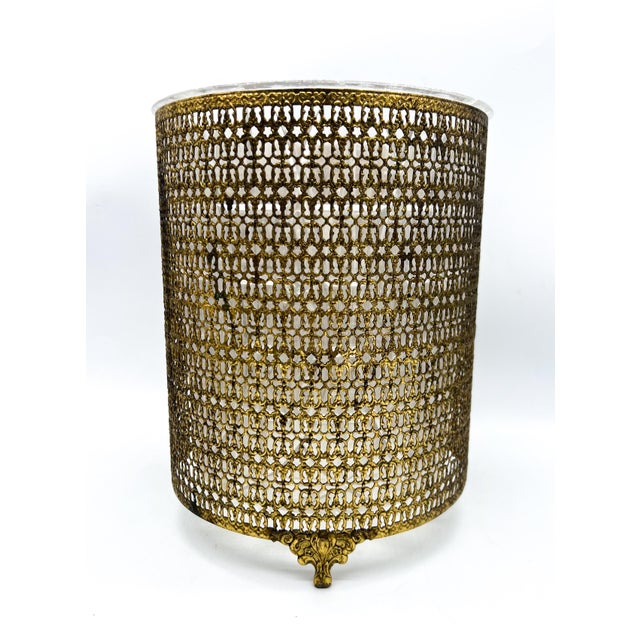 Vintage Hollywood Regency Pierced Gilt Metal Wastebasket With Clear Liner For Sale In Houston - Image 6 of 12