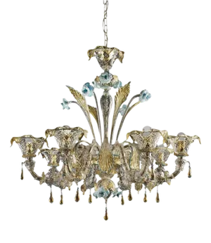 Venetian Transparent-Gold Chandelier with Leaves and Turquoise Flowers by Simoeng