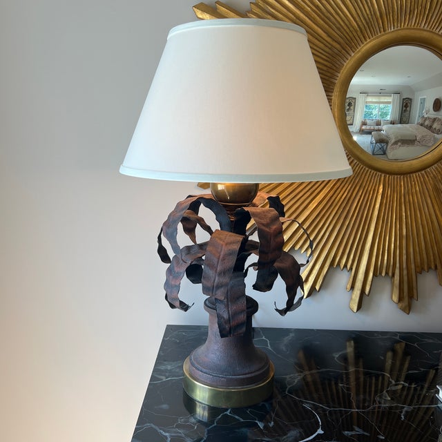 Mid Century Brass and Copper Finish Tole Palm Lamp With Shade Lamp is 12 inches around at widest part at widest corners...