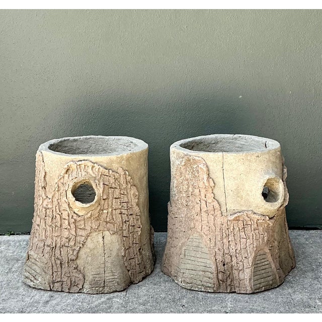 Handcrafted Faux Bois Cement Planters - A Pair For Sale - Image 4 of 18
