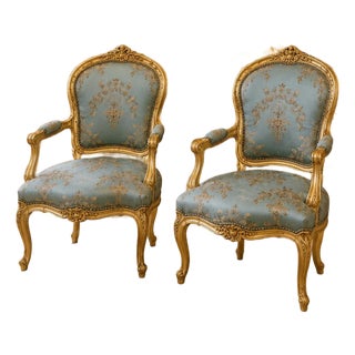 1960s French Louis XV Rococo Armchairs Blue Damask Upholstery Salon Accent Chairs For Sale
