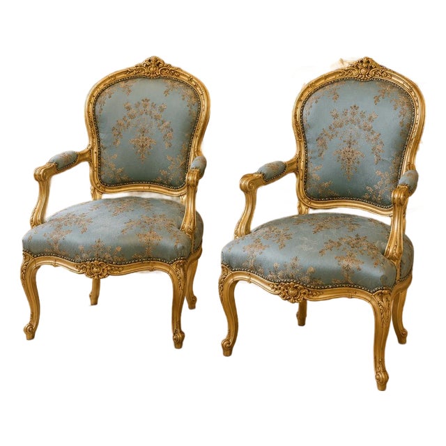 1960s French Louis XV Rococo Armchairs Blue Damask Upholstery Salon Accent Chairs For Sale