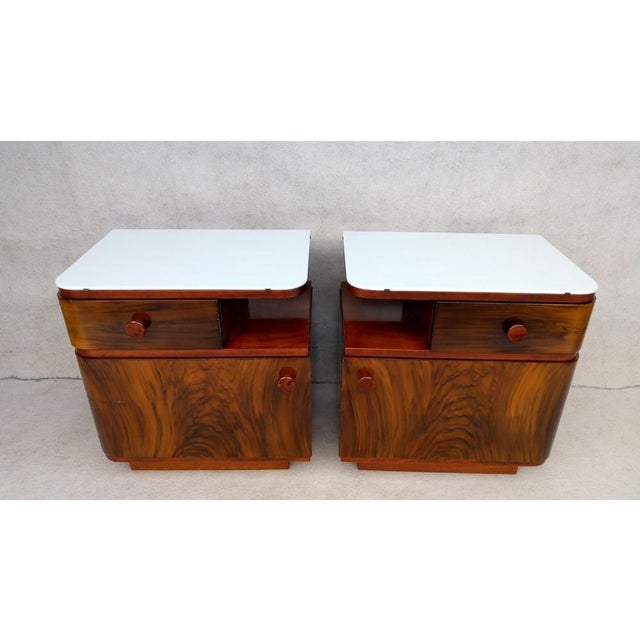 Beautiful bedside tables in Art Deco style, Modernism in original authentic condition. Made of beech, walnut and spruce...