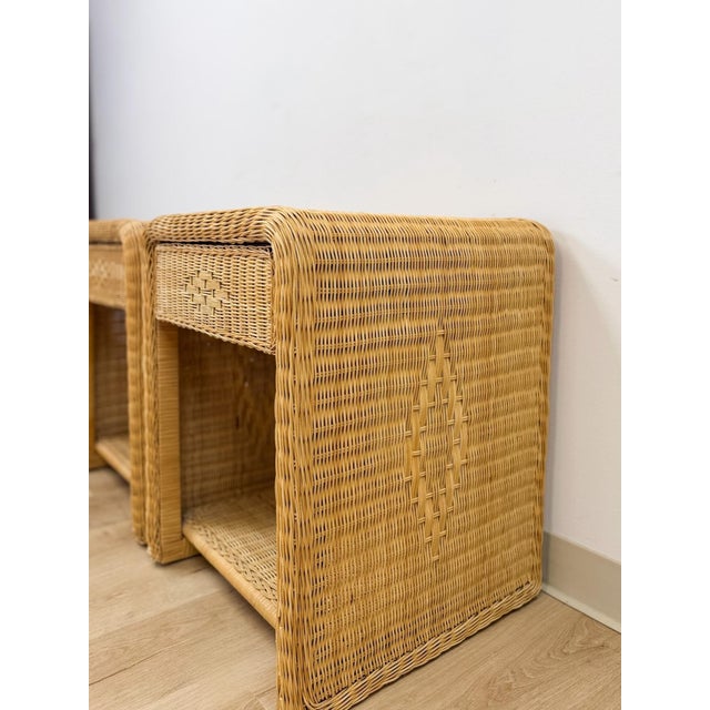Pair of Vintage Wicker Arched Nightstands Coastal Regency Bedside Tables For Sale In Tampa - Image 6 of 12