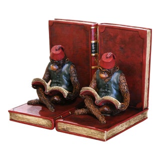Pair of Mid-Century Reading Shriner Monkey Sculpture Bookends For Sale