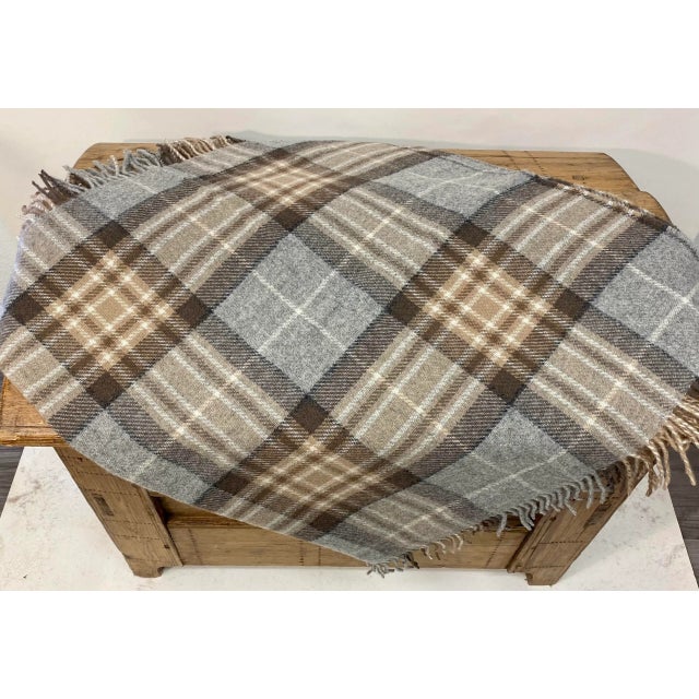 Soft Merino Lambswool Knee Rug / Blanket in a Classic Tan and Gray Tartan Plaid Pattern - Made in England For Sale - Image 10 of 12