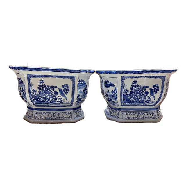 Contemporary Large Chinoiserie Blue & White Botanical Jardinieres - A Pair For Sale