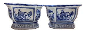 Contemporary Large Chinoiserie Blue & White Botanical Jardinieres - A Pair