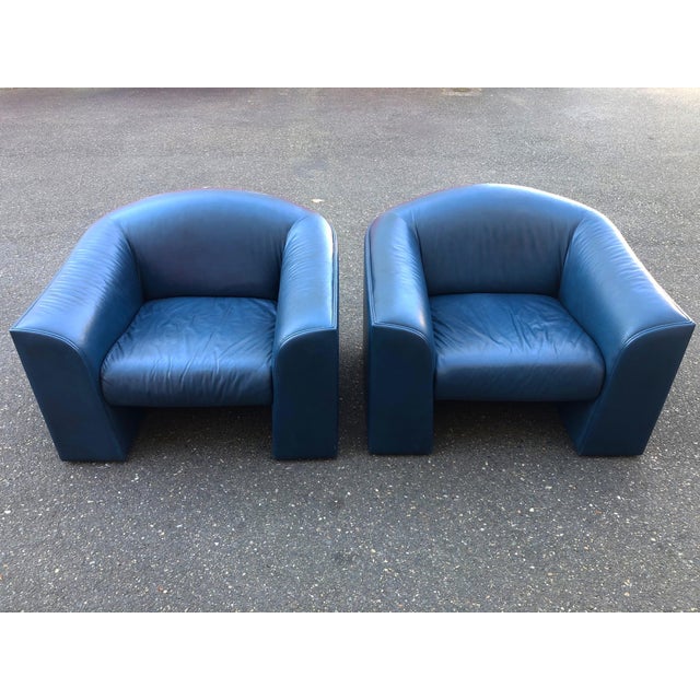 Oversized Post Modern Blue Leather Lounge Chairs A Pair Chairish
