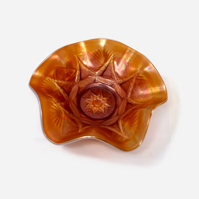 Traditional Vintage Dugan Ski Star Peach Opalescent Carnival Glass Ruffled Bowl For Sale - Image 3 of 8