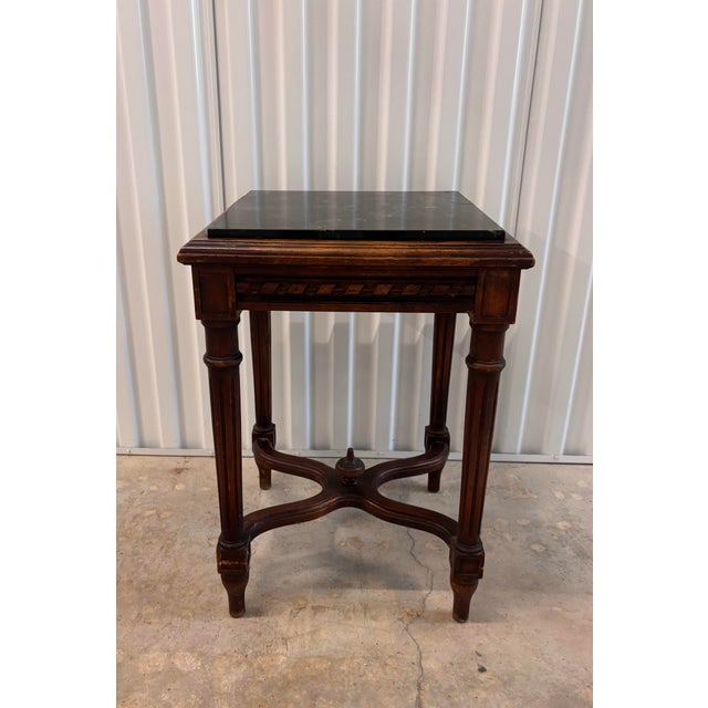 Absolutely lovely, antique carved wood French marble top side table with the most versatile petite size. Removable marble...