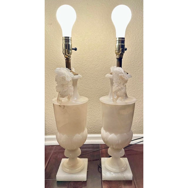 1920s Large Pair of Hand-Carved French Alabaster Neoclassical Urn Table Lamps For Sale - Image 13 of 18