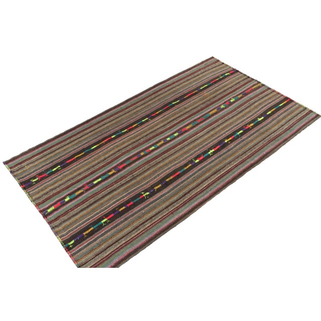 Traditional 1950s Vintage Chaput Kilim Rug in Polychromatic Stripe Pattern, Beige-Brown For Sale - Image 3 of 7