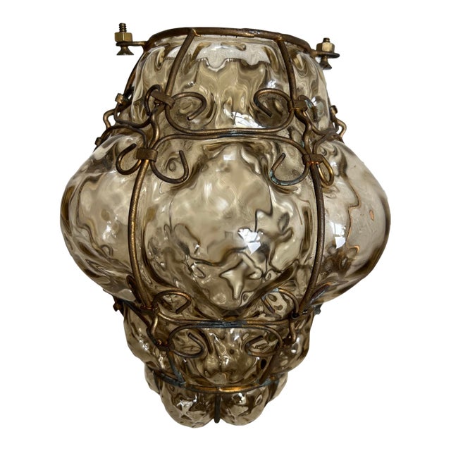 Seguso Murano Hand-Blown Glass Lantern With Sculptural Metal Cage 1930s to 1950s For Sale