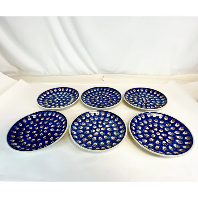 1980s Vintage Boho Chic Boleslawiec Polish Pottery Salad Plates, Original Peacock - Set of 6 For Sale - Image 4 of 9