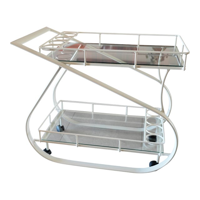 1980s Postmodern Aluminum Bar Cart by Woodard Restored W/ Original Glass, Attributed For Sale