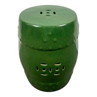 Vintage Chinoiserie Emerald Green Glazed Ceramic Drum Garden Stool or Pedestal For Sale