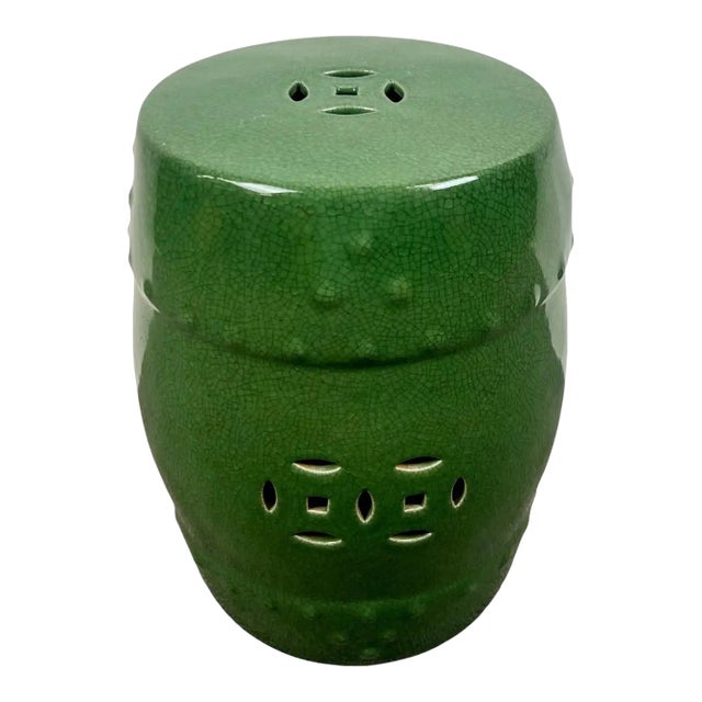 Vintage Chinoiserie Emerald Green Glazed Ceramic Drum Garden Stool or Pedestal For Sale