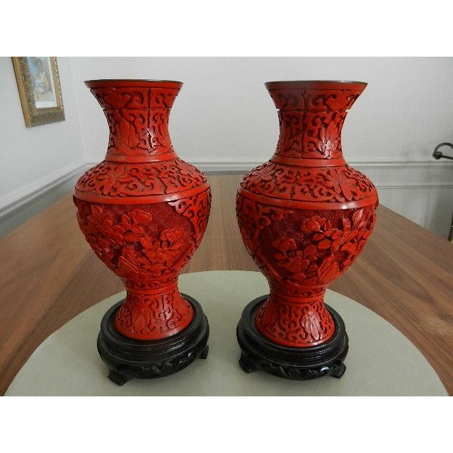 Pair of Mid-Century Chinese Red Cinnabar Vases - Red Lacquer Over Brass For Sale - Image 9 of 9