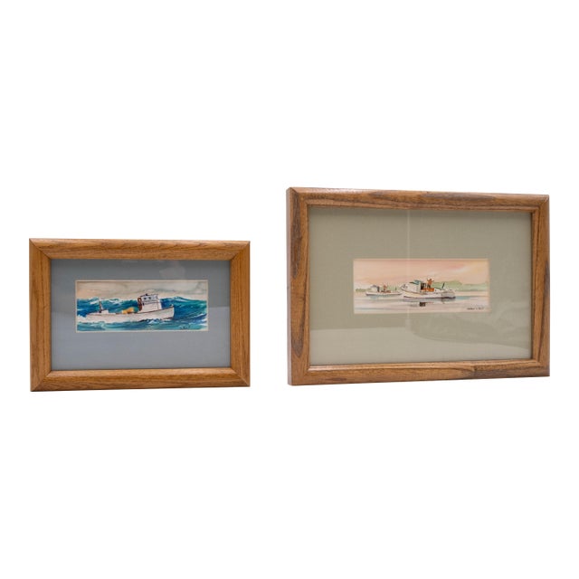 Pair of Nautical Watercolor Paintings Fishing Boats Fishermen Signed George D Post For Sale